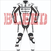 Front view of BLEED-branded Joan Mir 2025 Honda Castrol test MotoGP leather race suit in a sleek black and white design with number 36, bold Honda and Castrol sponsor logos, and armored knee sliders.